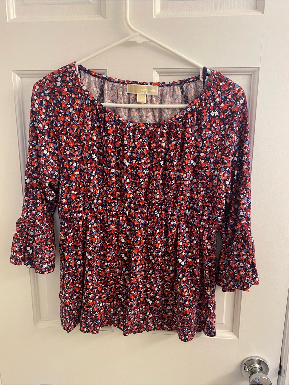 MICHAEL Michael Kors Red Floral Peplum Tunic with Blue and White Accents size S